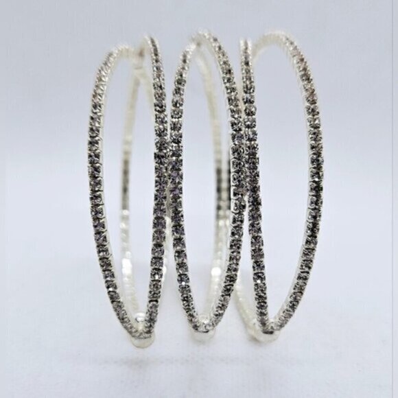 Stretch Rhinestone Cuff Silver Tone Bracelet - Picture 2 of 5